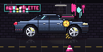 Pixel-art rotary polisher working along the car's side