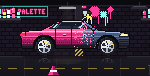Pixel-art spray gun painting the car pink, panel by panel