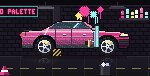 Pixel-art film roll laying protection film across the car