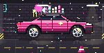 Pixel-art car rolling out under studio lights with confetti